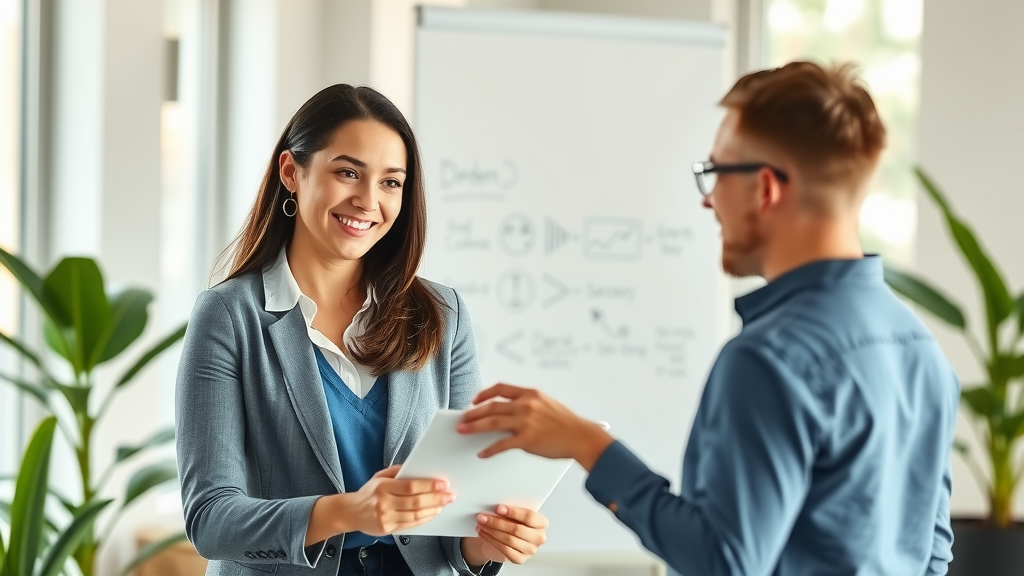A dynamic scene depicting a smiling woman in her early 30s, clad in smart casual attire, engaged in a conversation over a tablet with a client in a modern, well-lit office environment. The office features a clean and minimalist design with hints of green plants, symbolizing freshness and efficiency. Soft natural light filters through large windows, creating an inviting atmosphere. In the background, a whiteboard displays organized notes and processes, showcasing the automation of tasks. The woman exudes confidence and warmth, with visible joy as she communicates seamlessly with the client, embodying enhanced order management and customer interaction. The overall mood is optimistic and professional, illustrating the positive impact of automation in the cleaning industry.