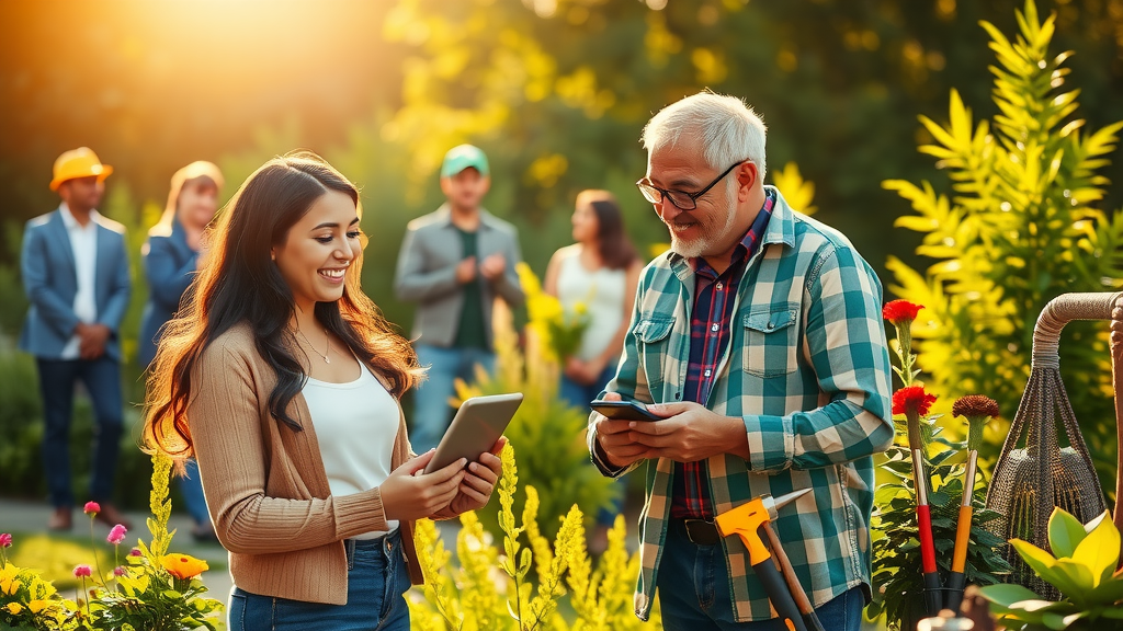 A vibrant and inspiring scene of a diverse group of landscape business professionals collaborating in a sunlit outdoor setting, showcasing modern technology like tablets and smartphones seamlessly integrated into their workflow. In the foreground, a woman in her early 30s, with a joyful expression, explains a project on her device to a man in his late 40s, who is nodding enthusiastically. Surrounding them are lush green plants, colorful flowers, and tools of the landscaping trade, symbolizing growth and change. The warm, golden hour lighting bathes the scene in an uplifting glow, highlighting the harmony between nature and technology. In the background, a few other team members can be seen brainstorming and discussing ideas, showcasing teamwork and a positive atmosphere.