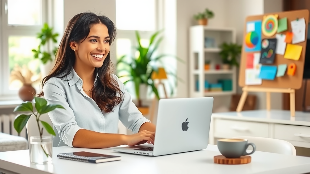 A bright and inviting home office with soft natural light streaming through the windows, featuring a woman in her early 30s with a cheerful expression, seated at a clean, minimalist desk, enthusiastically working on her laptop. Around her, colorful charts and notes are pinned to a board, symbolizing organization and creativity. Nearby, a peaceful plant sits on the desk, and a coffee cup reflects her relaxed yet focused atmosphere. The background shows a glimpse of a cozy living space, enhancing the feeling of work-life balance and tranquility. The image captures a sense of empowerment and joy derived from using technology to improve efficiency and increase conversions.