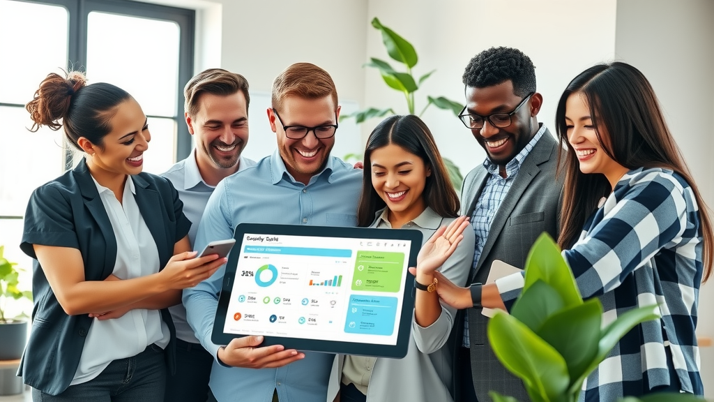 A vibrant and inspiring scene featuring a diverse group of business professionals in a modern office setting, joyfully collaborating over a digital tablet displaying a user-friendly supplier management app. Men and women in their 30s and 40s, dressed in smart casual attire, share smiles and engaged expressions, showcasing teamwork and innovation. The well-lit workspace is filled with greenery, large windows allowing soft natural light to illuminate the room, creating a welcoming atmosphere. In the background, details include a whiteboard with charts, potted plants, and minimalist decor. The color palette is fresh and modern, focusing on blues and greens, evoking a sense of calm and empowerment as they embrace technology for efficient workflow.