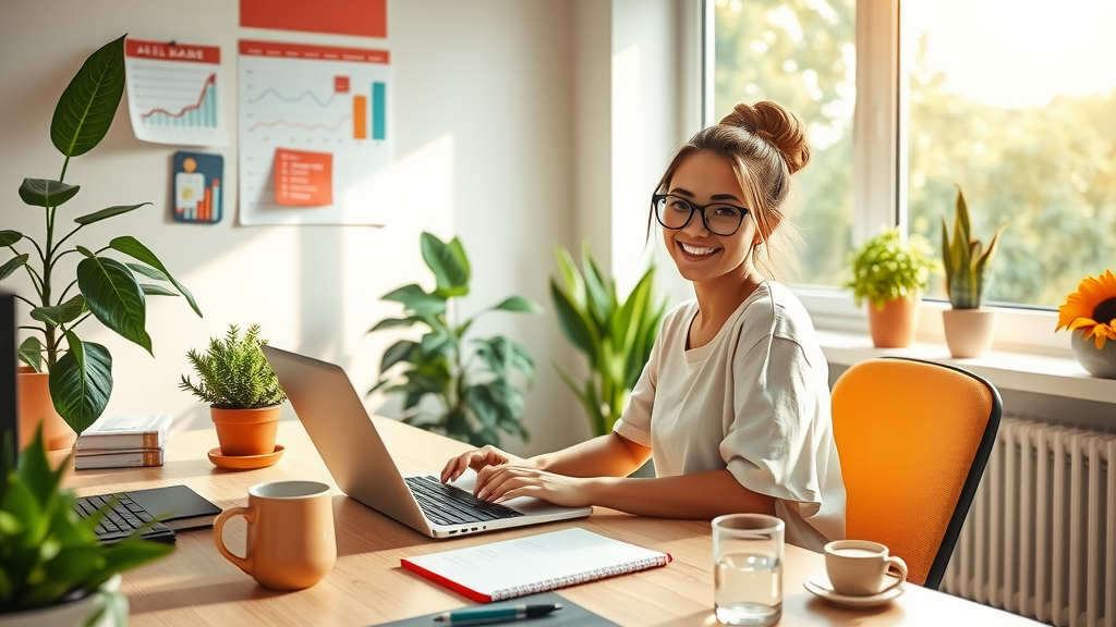 A modern home office scene featuring a young woman in her late 20s with a cheerful expression, sitting at a sleek desk adorned with plants and tech gadgets, actively engaging with a laptop displaying graphs and analytics related to affiliate marketing. The environment is filled with warm natural light streaming through a large window, creating a vibrant and inviting atmosphere. The composition is a wide shot that captures the essence of productivity and creativity, with a focus on a harmonious balance between work and personal life. Elements such as a coffee mug beside her, a notepad with ideas, and a wall calendar showcasing family events reflect her commitment to both professional growth and family time. The overall mood is upbeat and motivational, emphasizing empowerment through technology and effective marketing strategies.