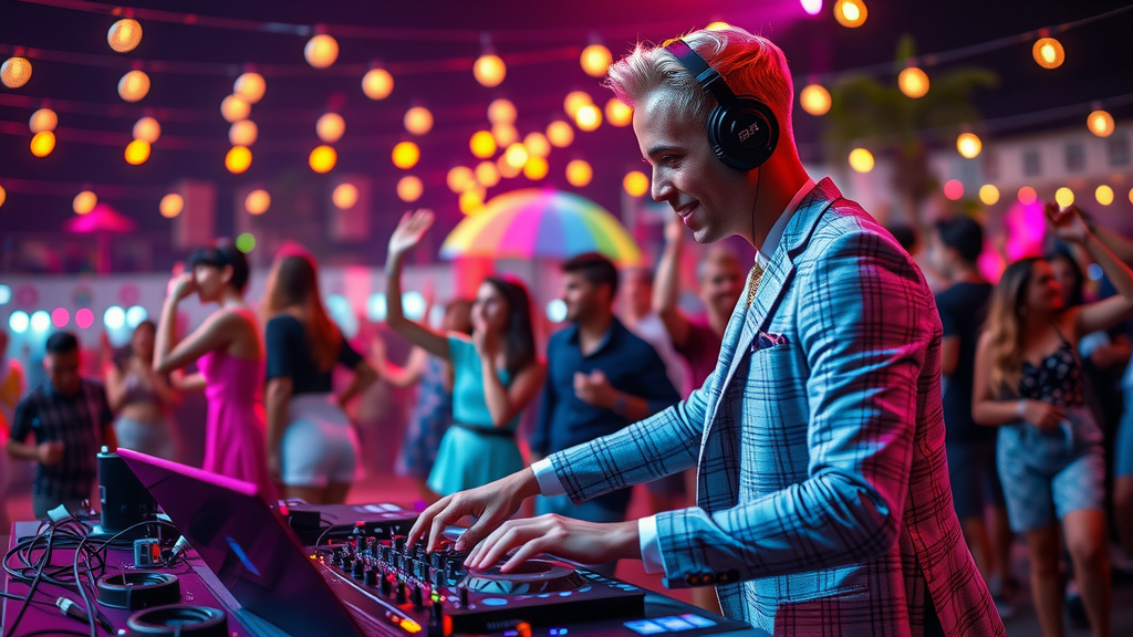 A dynamic scene featuring a young DJ in a stylish outfit, passionately mixing music at a vibrant outdoor event with colorful lights illuminating the atmosphere. The DJ, in his late 20s, has a joyful and focused expression as he interacts seamlessly with a laptop and digital controls, showcasing the ease brought by automation. Surrounding him are enthusiastic partygoers, dancing and enjoying the music, filled with joy and energy. The setting is a lively night, with soft, captivating lights creating a festive mood. The composition includes detailed visuals of DJ equipment and a colorful backdrop of party decorations, embodying expressions of freedom and creative empowerment at an event.