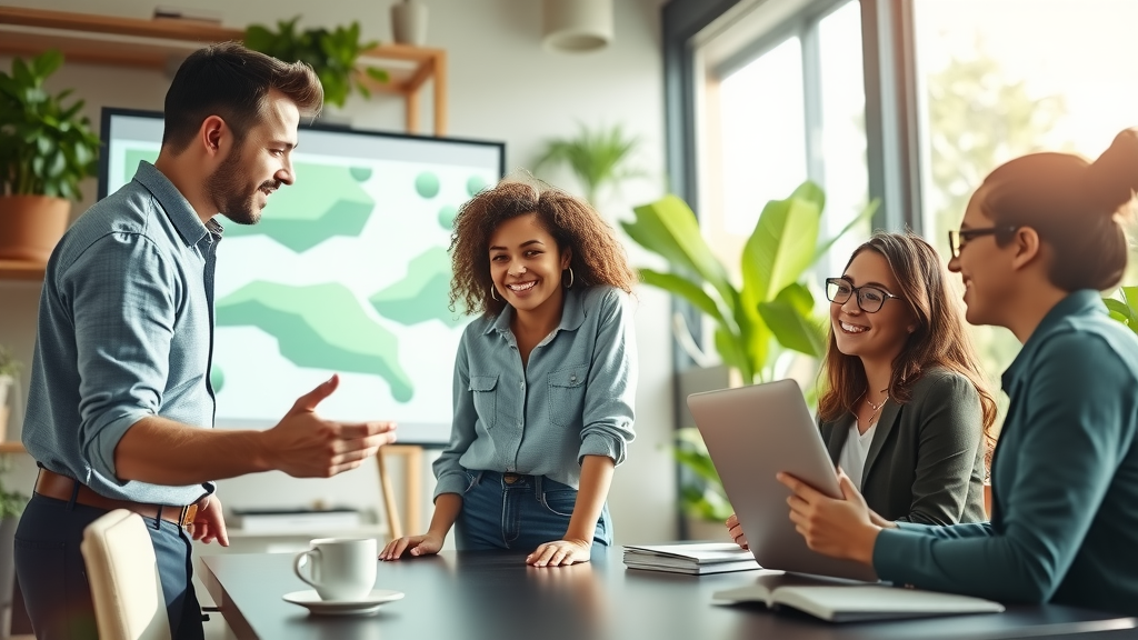 A dynamic scene capturing a diverse group of three young professionals in a modern co-working space, engaged in a collaborative project involving website management. One man in his late 20s with short hair is enthusiastically explaining on a large screen, while a woman in her early 30s, with curly hair, takes notes with a bright smile. A second woman in her late 20s, with glasses and a laptop, contributes ideas. The workspace is filled with greenery, sunlight streaming through large windows, creating a warm and inviting atmosphere. The lighting is bright and airy, enhancing the mood of creativity and empowerment. The overall color palette is fresh with greens and blues, symbolizing clarity and innovation. A coffee cup and a notebook are on the table, adding subtle details that denote a collaborative and productive environment.