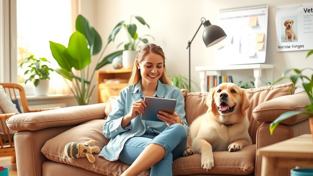 A cozy and inviting living room scene featuring a cheerful woman in her early 30s sitting on a plush sofa with her lively golden retriever beside her. She is relaxed, scrolling through a tablet with a warm smile, showcasing how technology simplifies pet care. Sunlight streams in through a large window, illuminating the room filled with plants and pet toys, creating a serene atmosphere. A calendar on the wall indicates upcoming vet appointments, reflecting organization. The color palette is warm and inviting, evoking a sense of happiness and calm as the woman enjoys a stress-free moment with her beloved pet.