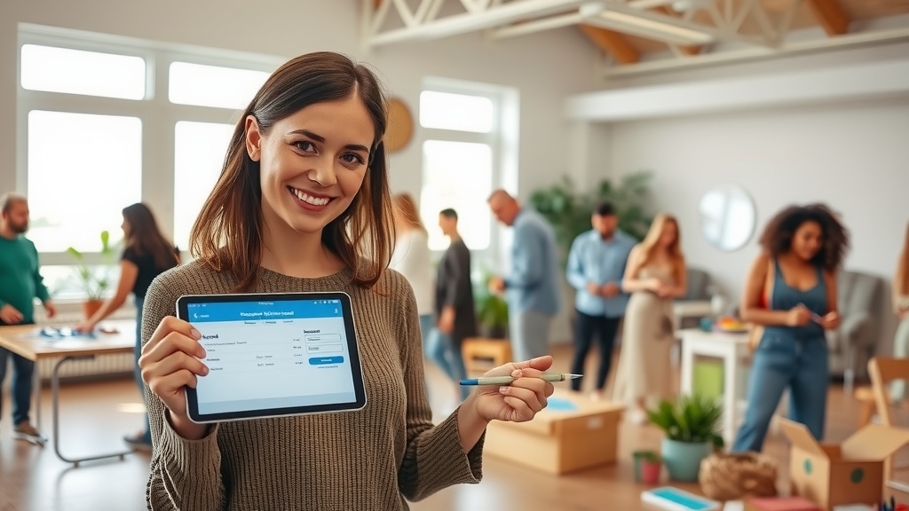 A dynamic scene showcasing a diverse group of people attending a creative workshop in a bright, airy studio filled with natural light. In the foreground, a cheerful woman in her early 30s, dressed in a casual but stylish outfit, is interacting with a tablet that displays an easy-to-use event registration system, her smile reflecting satisfaction and ease. In the background, participants of various ages are engaged in hands-on activities, such as painting and crafting, showcasing joy and collaboration. The setting features large windows, plants, and vibrant art materials scattered around, creating an inviting and inspiring atmosphere. The lighting is warm and uplifting, enhancing feelings of excitement and community. The overall mood conveys the simplicity and positive transformation brought by automation in organizing workshops, making the experience accessible and enjoyable for everyone involved.