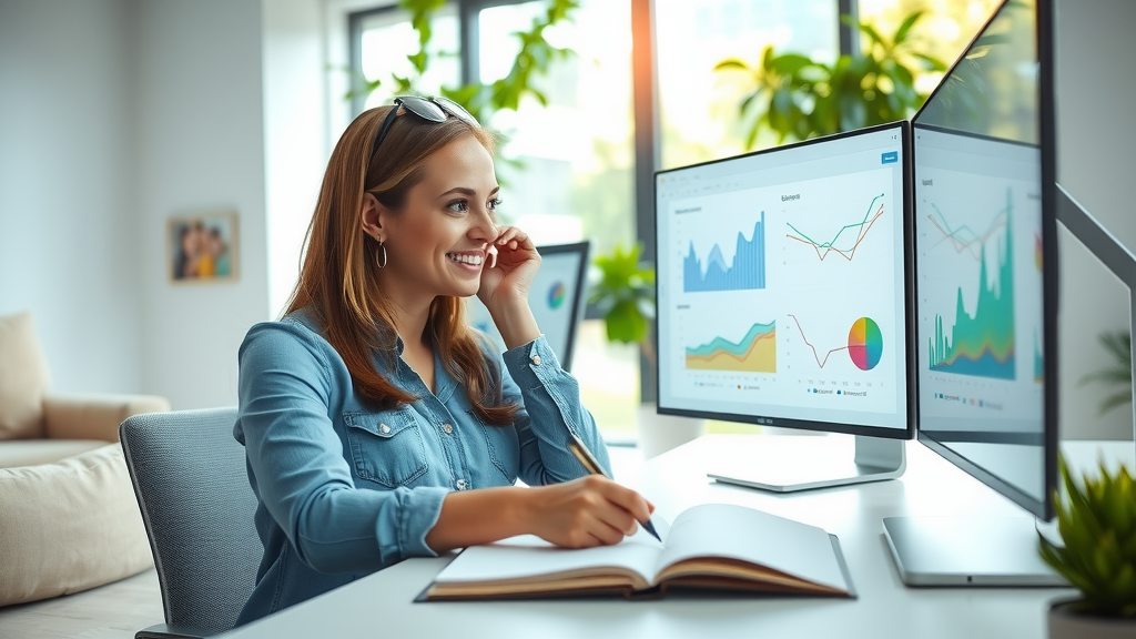 A focused eye-level shot of a young professional woman in her early 30s, engaged in thoughtful analysis at a sleek, modern workspace. She is looking at a large screen displaying graphs and data related to brand monitoring tools, with a warm smile indicating satisfaction with her work. The environment is brightly lit with natural light streaming through a window adorned with greenery, showcasing a harmonious blend of technology and nature. The color palette is fresh and airy, evoking a sense of clarity and empowerment. On her desk, there are open notebooks, a laptop, and a small plant, reflecting a balance between productivity and tranquility. In the background, subtle hints of family photos suggest a connection between her career and personal life, highlighting the theme of work-life balance.