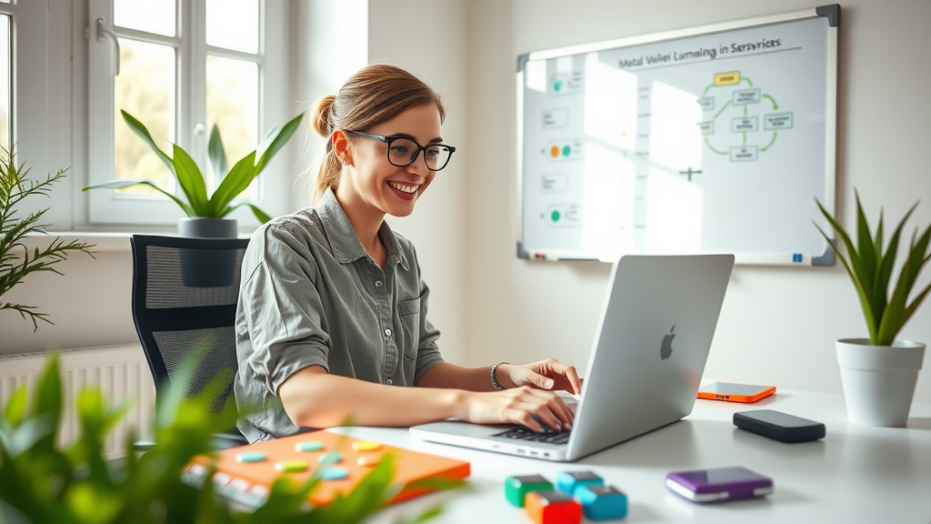 A digitally-savvy young woman in her late 20s is seated at a sleek, minimalist workstation filled with greenery and colorful gadgets, wearing casual attire and glasses, deeply focused on her laptop screen as she navigates through an automation software interface. Sunlight streams through a window, creating a warm ambiance that enhances her cheerful expression. In the background, a whiteboard features colorful diagrams and flowcharts illustrating data exchanges between services, symbolizing innovation and connectivity. The room has a soft, inviting color palette with hints of green and white, embodying a harmonious work-life balance and a sense of empowerment through technology. The composition is an eye-level shot that captures her engaged demeanor, reflecting joy and personal growth in her professional journey.