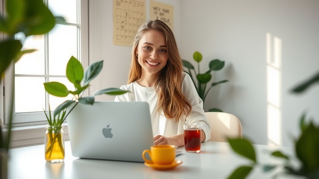 A serene and inviting workspace with a young woman in her late 20s, smiling brightly while sitting at a clean, modern desk. She is working on her laptop, surrounded by green plants and a cup of tea, bathed in soft natural light coming from a nearby window. The setting is a cozy home office with minimalist decor and a few inspirational quotes on the walls. In the background, a calendar and organized notes reflect her efficient planning. The mood is uplifting and calm, emphasizing the joy of effective automation in work. The composition captures her engaged expression in an eye-level shot, showcasing both contentment and productivity.