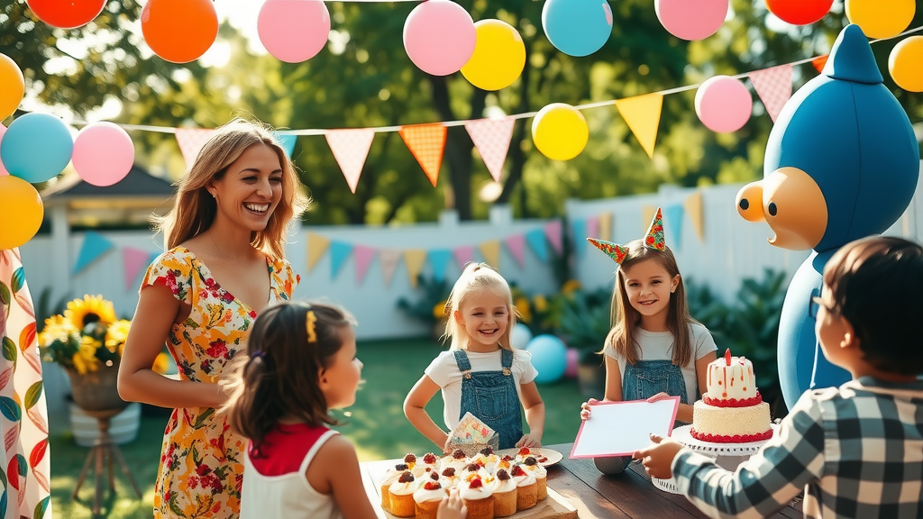 A vibrant and joyful scene of a cheerful mother in her early 30s organizing a birthday party for her young daughter in a beautifully decorated backyard filled with colorful balloons and festive decorations. The mother, wearing a bright floral dress, has a warm smile and is engaging with a friendly party entertainer dressed as a cartoon character, who is delighting a small group of children aged 5 to 7. Sunlight filters through the trees, creating a magical atmosphere of celebration. Nearby, a well-organized table showcases delicious treats like cupcakes and snacks. The mood is one of happiness and excitement, capturing the essence of togetherness and the ease of planning a joyful event with the help of automation tools. The composition features a wide shot that captures the interaction among the mother, children, and entertainer, emphasizing the lively decorations and joyful ambiance.