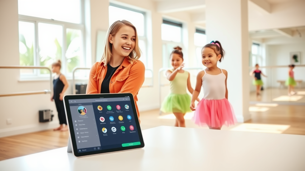 A vibrant and engaging scene of a young woman in her late 20s, smiling and interacting joyfully with her students in a bright, modern dance studio. The studio is filled with natural light streaming through large windows, showcasing wooden floors and mirrors reflecting the energetic atmosphere. The woman is demonstrating a dance move while two children, wearing colorful dance outfits, follow her with smiles on their faces. Nearby, a sleek tablet rests on a clean table, displaying automated scheduling and communication tools, symbolizing the ease of managing the dance school. The overall mood is upbeat and harmonious, capturing the joy of dance and the positive impact of technology.