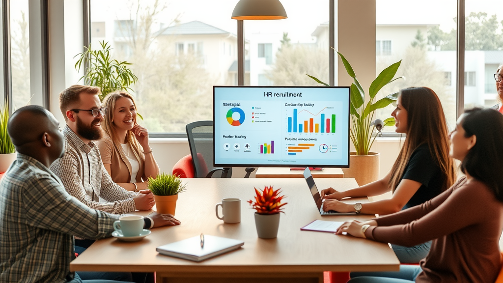 An engaging scene depicting a diverse group of professionals in their early 30s collaborating in a bright, modern co-working space. They are gathered around a large table, animatedly discussing strategies for remote recruitment. A woman is presenting on a digital screen, with charts and visuals illustrating effective HR processes, while others are nodding appreciatively and taking notes. Soft natural light filters through large windows, creating an inviting atmosphere. The color palette is warm and uplifting, with plants and cozy elements around. The composition is a dynamic wide shot that captures the energy of teamwork and innovative technology, conveying a sense of empowerment and positivity in the recruitment process.