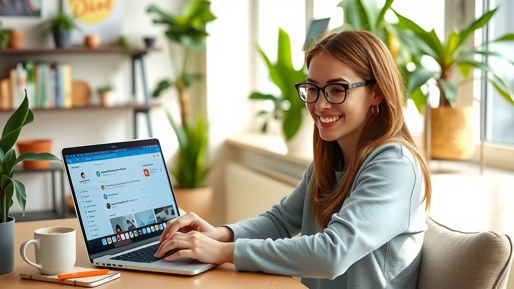 A modern workspace featuring a young woman in her late 20s with a joyful expression, efficiently managing her Google My Business tasks on a sleek laptop. The setting is a bright, airy home office filled with plants and natural light, conveying a sense of calm and productivity. She is interacting with a vibrant digital interface displaying reviews, posts, and questions, showcasing the simplicity and power of automation with Make.com. A cozy corner with a cup of coffee and a notepad enriches the scene. The composition is a wide shot, highlighting the harmonious integration of technology in her life, with soft, warm lighting that evokes positivity and ease.