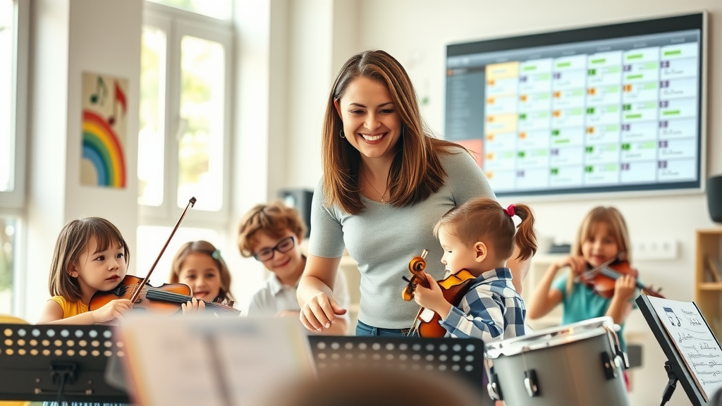 A vibrant scene inside a modern music school featuring a smiling teacher in her early 30s with shoulder-length brown hair, guiding a group of children aged 7-10 as they enthusiastically practice with various musical instruments like violins, keyboards, and drums. The environment is bright and airy, accented with colorful posters of musical notes and instruments on the walls. Soft natural light floods through large windows, creating a warm and inviting atmosphere. In the background, a neatly organized digital scheduling board is visible, showcasing an efficient layout of classes and appointments. The composition captures a sense of joy and creativity, with children expressing genuine happiness and collaboration. The overall mood is uplifting, reflecting the harmony between technology and music education, emphasizing the benefits of automation for seamless management.