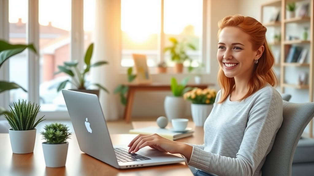 A vibrant and inviting scene depicting a young woman in her early 30s with a warm smile, comfortably working on her laptop at a beautifully designed home office that exudes tranquility. The workspace features large windows with soft natural light streaming in, potted plants adding a touch of greenery, and a modern aesthetic that embodies simplicity and efficiency. She is engaging with a digital interface on her laptop, showing a streamlined booking process. In the background, there’s a glimpse of a cozy living area where family photos are displayed, symbolizing work-life balance. The warm color palette enhances the feeling of happiness and contentment, with an overall mood of empowerment and ease, reflecting the joy of a stress-free, automated business experience.