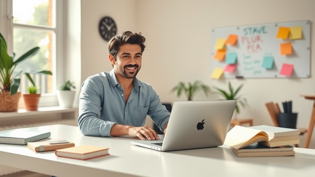 A dynamic scene featuring a young entrepreneur in their late 20s, dressed casually in a productive home office setting, brainstorming ideas for a startup. They sit at a sleek, minimalist desk with a laptop open and a whiteboard filled with colorful notes in the background. The room is flooded with soft natural light from a nearby window, creating an inviting atmosphere. The individual is smiling, radiating enthusiasm, and surrounded by motivational books and plants, symbolizing growth and creativity. The color palette is warm and inspiring, evoking feelings of hope and excitement for new beginnings. An inspiring overview of strategies and ideas for starting a business with minimal costs is subtly represented through visual elements like a small stack of papers and a smartphone displaying productivity apps. This scene captures the essence of freedom and empowerment in the entrepreneurial journey.