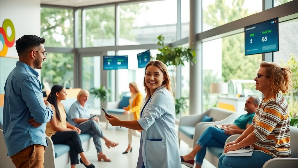 A vibrant and uplifting scene in a modern clinic reception area, showcasing a cheerful female receptionist in her early 30s with a warm smile, effortlessly assisting a diverse group of patients with their appointments. Natural light pours in through large windows, creating a welcoming atmosphere filled with greenery. The waiting area is furnished with comfortable seating, colorful artwork, and digital screens displaying appointment reminders. The mood is positive and organized, reflecting the ease and efficiency brought by automation in patient management. Families with children, young professionals, and seniors interact happily, symbolizing community and accessibility in healthcare, captured in a wide-angle shot that emphasizes the harmony and tranquility of the environment.