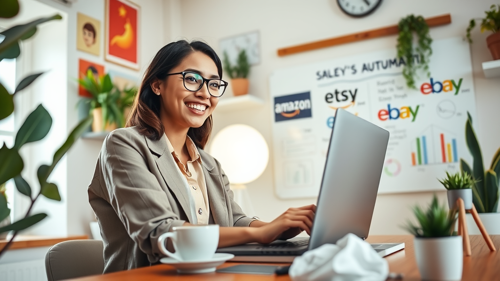 A dynamic and inspiring scene of a young woman in her early 30s, dressed in stylish, casual attire, joyfully working on her laptop in a bright and airy home office filled with plants and colorful artwork. She's smiling broadly as she reviews her sales metrics on a screen showcasing Etsy, Amazon, and eBay logos, exuding a sense of accomplishment and freedom. The room is bathed in soft natural light, enhancing the warm and inviting atmosphere. A cup of coffee sits next to her, and in the background, a whiteboard filled with ideas and strategies reflects her innovative approach to marketplace automation. The composition is an eye-level shot, capturing her engaged and focused expression, while vibrant pastel colors create an uplifting mood.