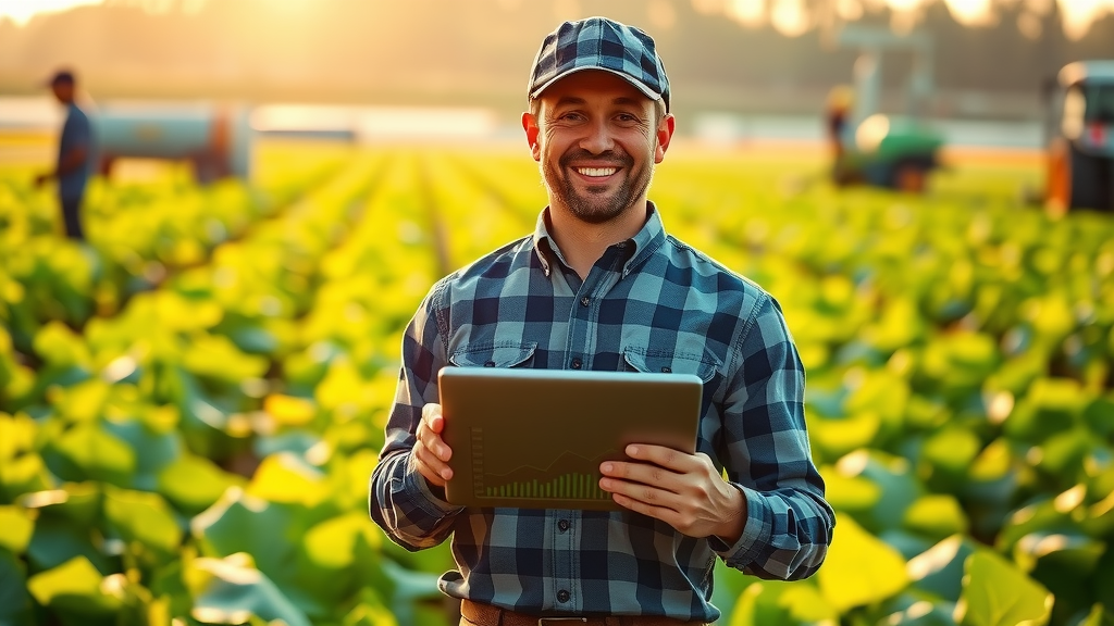 A vibrant scene of a farmer in his early 40s wearing a blue plaid shirt and a cap, standing in a lush green field with modern agricultural equipment in the background. He holds a tablet displaying data analytics with a joyful expression, symbolizing empowerment through technology. The setting is bathed in warm, golden hour sunlight, highlighting the fresh produce around him. In the background, a few workers can be seen efficiently monitoring crops with sensors, representing automation and resource management. The atmosphere is lively and optimistic, embodying progress and productivity in agriculture. The colors should be rich and natural, evoking a sense of growth and opportunity, while the composition captures both the farmer and the technology seamlessly integrated into the landscape.