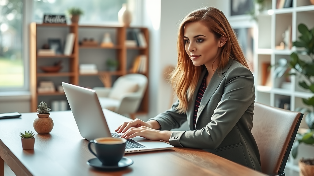 A sleek, modern workspace featuring a woman in her early 30s with a focused yet relaxed expression, effortlessly managing her personalized news digests on a laptop. She sits at a stylish wooden desk adorned with minimalistic decor, a small succulent plant, and a steaming mug of coffee. Soft natural light filters in through a large window, illuminating the space and creating an inviting atmosphere. The background is subtly blurred, showcasing a bookshelf filled with inspiring literature and a cozy reading nook. The overall mood is calm and productive, emphasizing the harmony between technology and personal efficiency while highlighting the empowerment that automation can bring to daily tasks. The composition is a close-up of the woman, capturing her contentment and engagement in the process of creating tailored content, symbolizing freedom and innovation in her workflow.