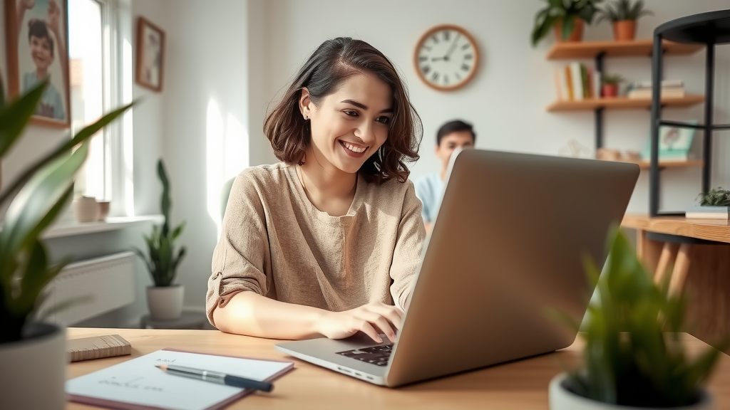 A bright and inviting home office featuring a woman in her early 30s with a joyful expression, engaging with her laptop to automate customer feedback processes. The workspace is organized and minimalistic, adorned with plants and personal touches like a family photo. Soft natural light streams through a window, creating a calm atmosphere. She is smiling as she interacts with user-friendly software on the screen, illustrating the ease and empowerment technology provides. The camera angle is an eye-level shot, capturing her focused yet relaxed demeanor, while the background subtly hints at notes and tools for gathering and analyzing feedback, showcasing the theme of innovative efficiency. The overall mood is uplifting and inspiring, emphasizing work-life balance and the positive impact of automation.