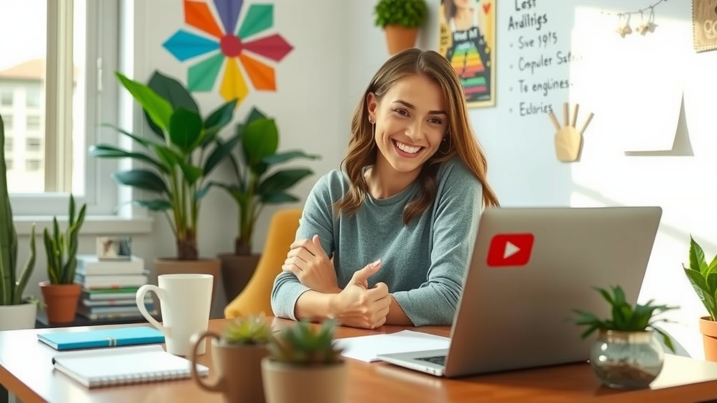 A young woman in her late 20s, wearing casual attire, is seated at a stylish home office desk with a laptop open in front of her. She has an enthusiastic smile as she reviews analytics charts and interacts with her engaged audience in a video call. Bright natural light streams through a large window, highlighting the room filled with inspiring decorations like plants and motivational posters. The atmosphere is vibrant and inviting, conveying a sense of creativity and growth. The desk is organized, featuring a cup of coffee and a notebook filled with ideas. The background displays a wall with a whiteboard showcasing brainstorming notes and a colorful vision board. The scene captures the balance of hard work and personal fulfillment, emphasizing joy in pursuing her passion for YouTube content creation.