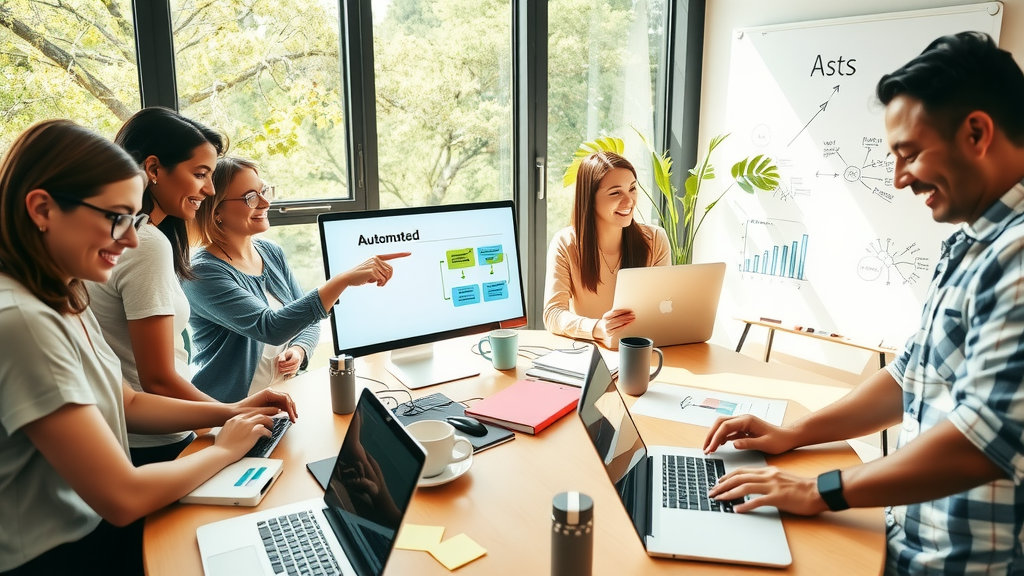 A dynamic and engaging wide-angle shot of a diverse group of professionals in a modern, sunlit office environment, collaborating around a large table filled with laptops and tablets. The team, consisting of three women and two men in their 30s to 40s, showcases a mix of focused expressions and genuine smiles, illustrating teamwork and creativity. Warm, natural light filters through the large windows, creating an inviting atmosphere. One person is pointing at a computer screen showing a flowchart of automated processes, while others discuss ideas enthusiastically. In the background, soft greenery can be seen outside, contributing to a calm and open workspace. The overall color palette is fresh and vibrant, evoking a sense of energy and motivation. Prominent elements include sticky notes, coffee cups, and a whiteboard filled with brainstorming ideas, symbolizing effective communication and collaboration.
