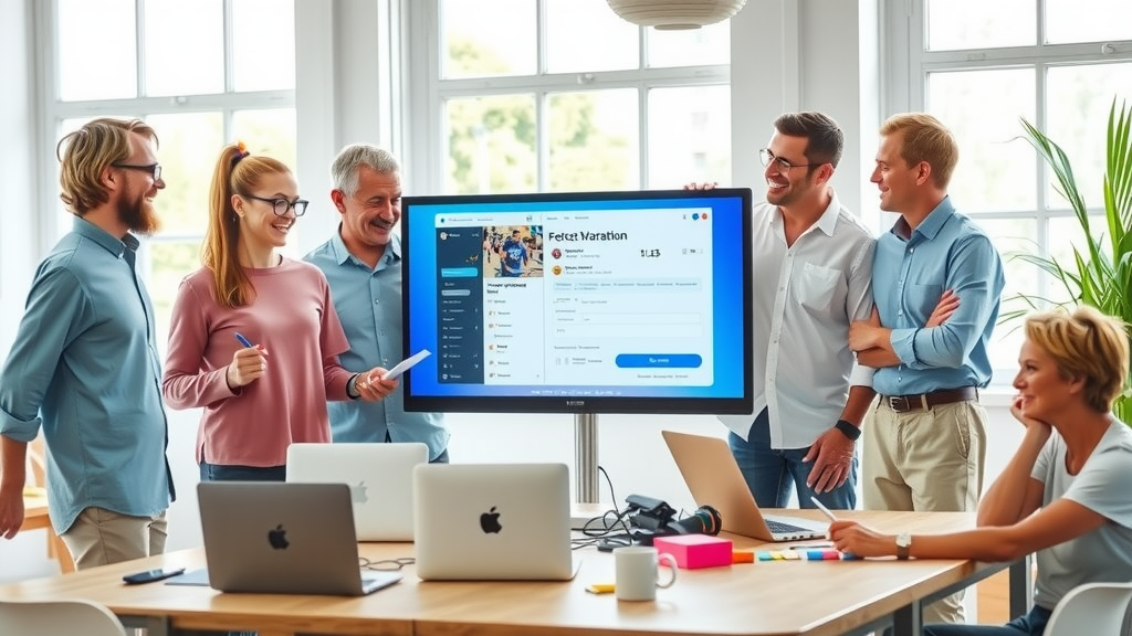 A vibrant and engaging scene featuring a diverse group of adults in their 30s to 50s, gathered around a large screen displaying an online marathon platform, some taking notes while others enthusiastically discuss their strategies. The setting is a bright, modern co-working space with plenty of natural light streaming in through large windows. They are dressed in comfortable, casual attire, smiling and animated, reflecting a sense of collaboration and excitement about planning the perfect online marathon. The mood is warm and inviting with a color palette of soft blues and whites. On a nearby table, there are laptops, colorful sticky notes, and coffee mugs, enhancing the atmosphere of productivity and teamwork. The composition captures the essence of togetherness and success through a harmonious blend of technology and human interaction.