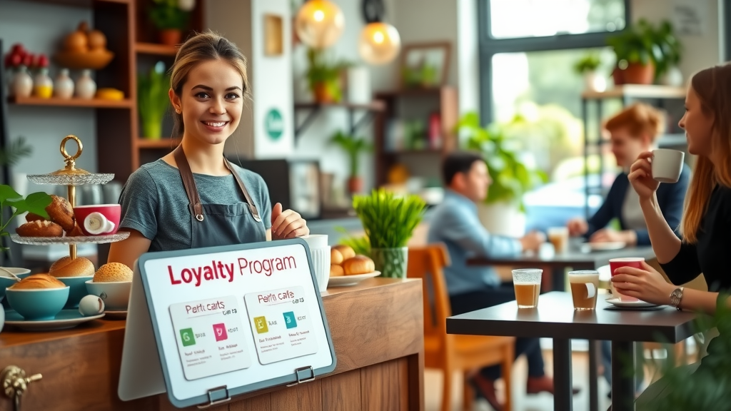 A vibrant and inviting scene depicting a cheerful café owner in her early 30s, wearing an apron and a warm smile, standing behind a beautifully arranged counter filled with fresh pastries and colorful coffee cups. In the foreground, an engaging loyalty program display showcasing rewards cards and promotions is visible. Soft morning light illuminates the cozy interior, highlighting the happy interactions between the owner and customers enjoying their coffee at tables. The atmosphere exudes warmth and community, with plants adding a refreshing touch. A slightly low angle captures the bustling yet relaxed feel of the café, inspiring feelings of customer loyalty and joyous experiences.