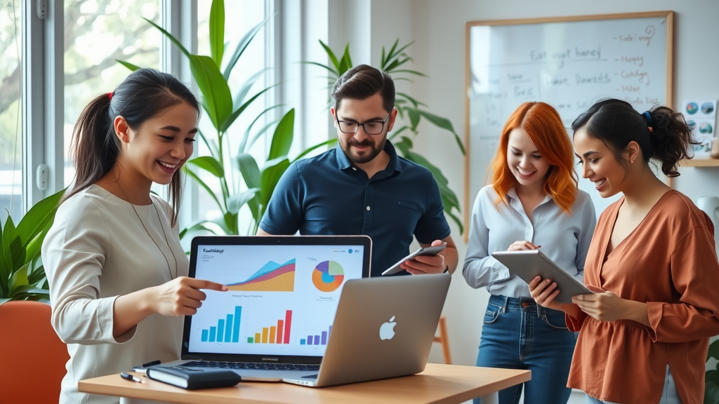 A bright and modern office setting with a diverse team of four professionals collaborating on a recruitment project, showcasing a blend of creativity and technology. The main focus is a young woman in her early 30s, smiling and engaged as she points at a digital presentation on her laptop, which features charts and graphics related to automation tools. A middle-aged man beside her nods in agreement, while a younger man in the background is busy taking notes. A cheerful young woman on the other side is analyzing candidates on her tablet, embodying efficiency. The room is well-lit with natural light coming from large windows, adorned with indoor plants that create a fresh atmosphere. The color palette is vibrant and professional, emphasizing optimism and productivity. Objects like a team whiteboard filled with ideas and a coffee station in the corner enhance the narrative of a harmonious work environment focused on innovation, stress relief, and effective recruitment.