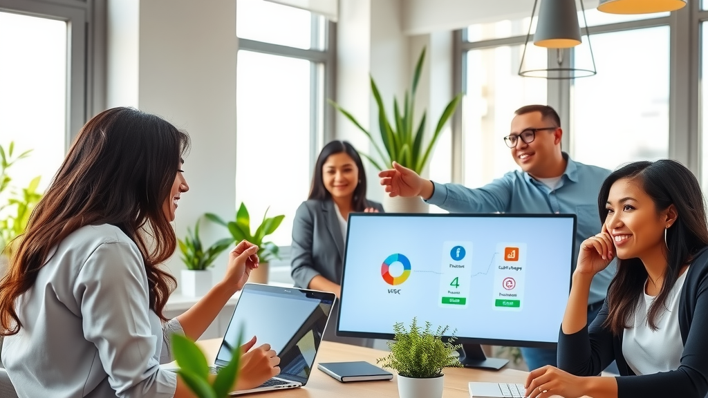 A modern, bright office space featuring a diverse group of professionals in their 30s and 40s, engaged in a collaborative meeting. One woman, with a focused expression, highlights a digital dashboard showcasing call analytics on a laptop screen. Another man gestures towards a visual representation of VoIP integrations on a large monitor, symbolizing streamlined communication and efficient customer interactions. Soft natural light pours in through large windows, creating an inviting atmosphere. The overall scene radiates a sense of empowerment and productivity, with plants decorating the space, emphasizing the harmony between technology and work-life balance.