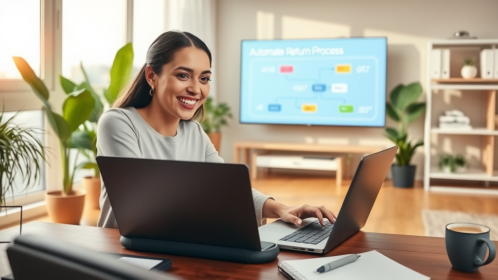 A dynamic and uplifting image showing a young professional woman in her early 30s with a bright smile, confidently working on her laptop in a sleek, modern home office that features a minimalist design with plants and natural light streaming through large windows. She is engaged in a video call, discussing automation solutions for an e-commerce return process, with a digital flowchart projected on a screen in the background. The scene captures a sense of productivity and empowerment, with warm, inviting colors that convey a calm and focused atmosphere. The composition includes elements like a steaming cup of coffee beside her, a notepad with ideas, and light reflecting off organized shelves, symbolizing efficiency and balance between professional life and personal growth.