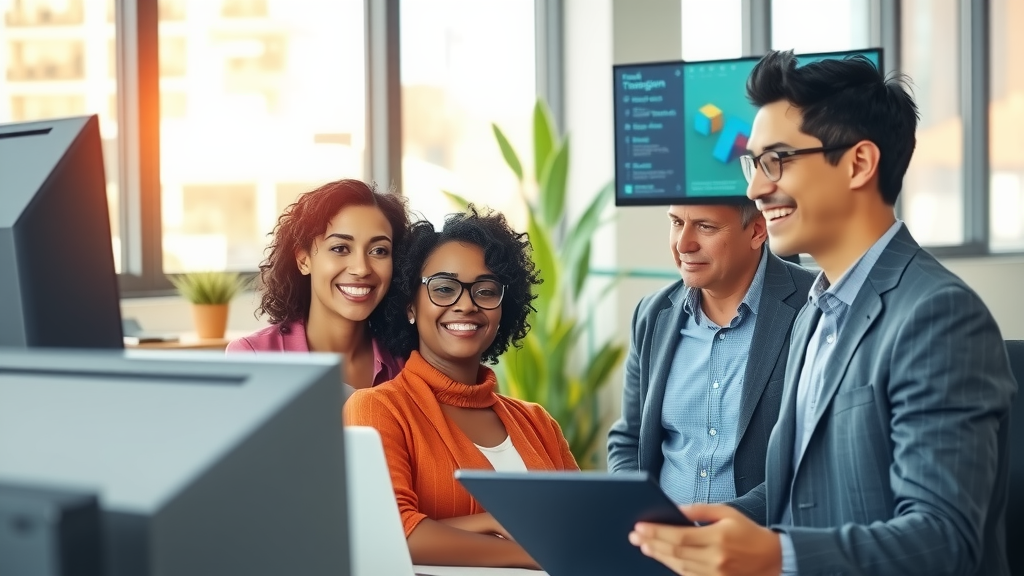A vibrant and engaging scene depicting a diverse group of professionals in a modern office environment, showcasing joyful collaboration. In the foreground, a woman in her early 30s with curly hair and glasses is smiling as she discusses a project with a man in his late 20s, dressed in a smart casual outfit. They are surrounded by screens displaying seamless translation software and various tasks being managed effortlessly, symbolizing the power of automation. The office is bright and airy with large windows letting in warm natural light, plants adding a touch of greenery. In the background, another team member, an older woman in her 50s, is calmly working on her laptop, visibly content. The overall mood is positive and focused, conveying a sense of empowerment, productivity, and work-life balance in a harmonious, collaborative workspace.