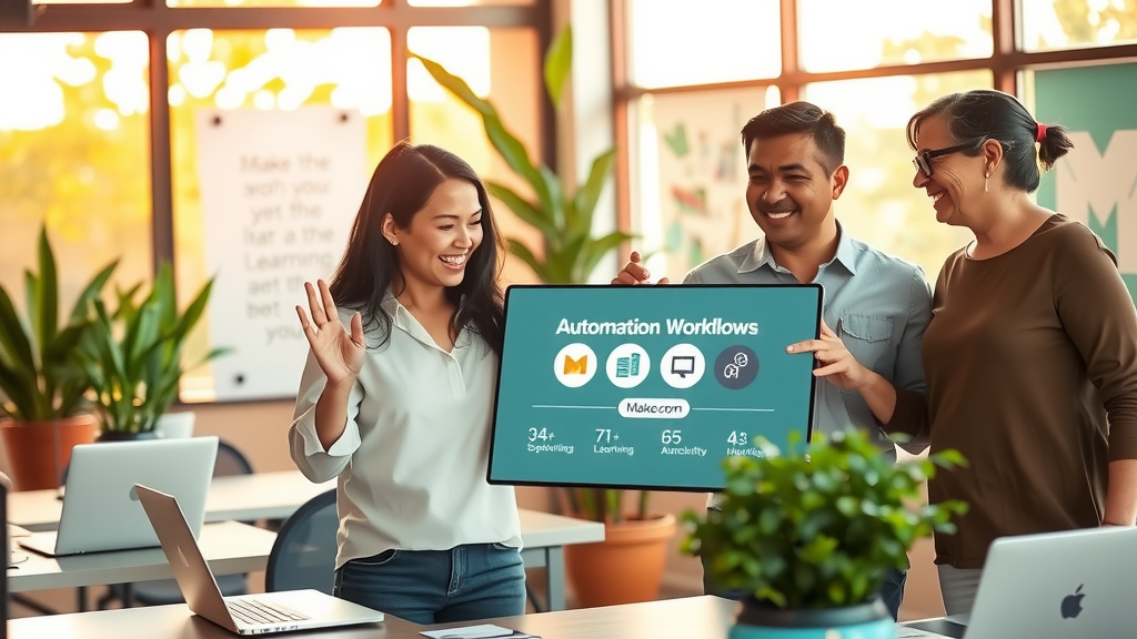 A dynamic scene capturing a diverse group of professionals collaborating in a bright, modern office space filled with greenery. In the foreground, a woman in her early 30s with an enthusiastic expression gestures towards a digital display showcasing automation workflows from Make.com. Her colleagues, a man in his late 20s and a woman in her 40s, lean in with engaged smiles, embodying joy and curiosity. The warm, natural light streams in from large windows, creating a welcoming and serene atmosphere. The background features sleek desks with laptops, inspirational posters about learning and growth, and potted plants, emphasizing a harmonious blend of technology and personal development. The color palette is fresh and vibrant, suggesting empowerment and innovation.