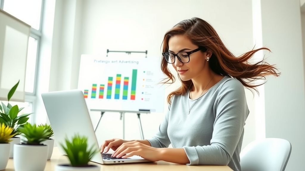 A dynamic scene in a modern, bright office featuring a woman in her early 30s with a focused expression, analyzing performance metrics on her laptop. The environment is clean and minimalist, with large windows allowing soft natural light to flood in. She is surrounded by a few potted plants that add a touch of greenery. A whiteboard in the background displays colorful charts and strategies for effective advertising automation. The atmosphere conveys empowerment and productivity, highlighting the integration of technology into her work process. The color palette is fresh and airy, with blues and greens dominating, enhancing the sense of creativity and innovation.