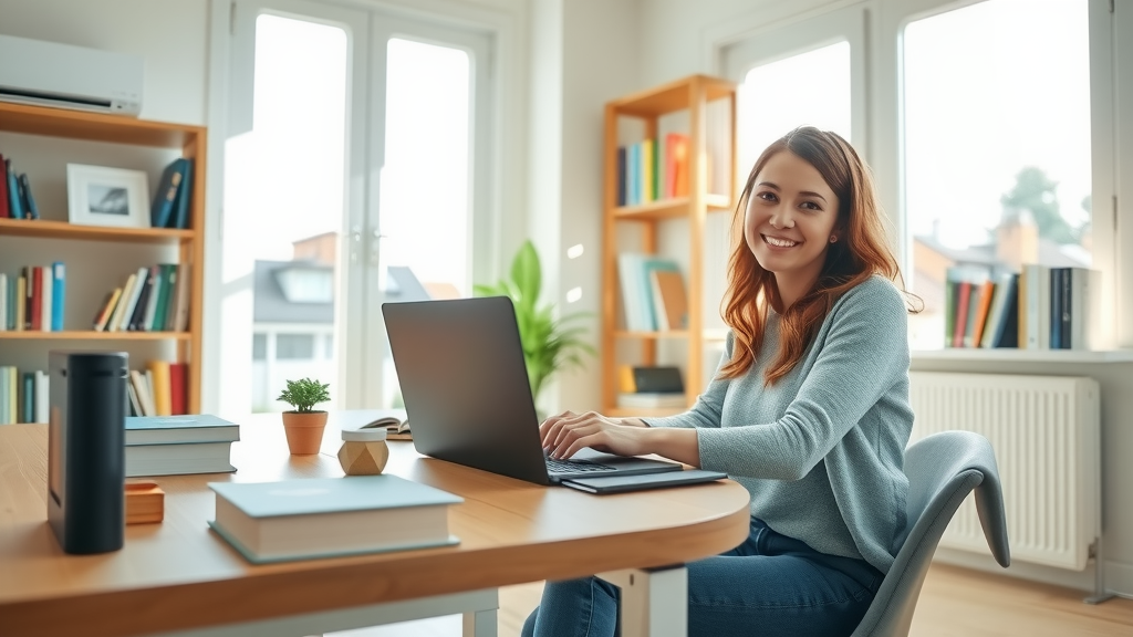 A bright and inviting scene depicting a young woman in her early 30s, sitting at a stylish, minimalist desk in a sun-drenched home office. She has a warm smile as she types on her laptop, surrounded by neatly organized books and a small potted plant. The soft morning light streams in through a large window, illuminating her workspace. In the background, a glimpse of bookshelves filled with colorful books showcases her passion for writing and publishing. The composition is an eye-level shot that captures the energetic yet serene atmosphere, highlighting a perfect balance between work and creativity. The overall mood is uplifting, featuring a fresh and clean color palette with blues and greens, symbolizing inspiration and the joy of embracing technological solutions for ease in publishing.
