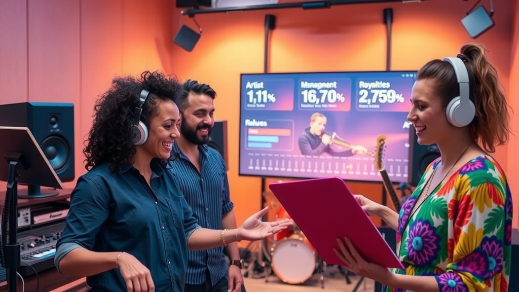 A dynamic scene in a modern, stylish recording studio featuring a diverse team of music label professionals in their 30s. A woman with curly hair wearing trendy headphones is animatedly discussing project details with a man in a casual shirt, while a young woman, dressed in a vibrant outfit, is watching a performance on a screen displaying numerical data and charts about artist management and royalties. Soft, focused lighting creates a warm atmosphere, emphasizing the collaboration and creativity in the space. The background reveals colorful sound equipment and instruments, creating a lively yet organized vibe that encourages efficiency and joy in the music industry. The overall mood is upbeat and vibrant, showcasing the empowerment and liberation technology offers in transforming the management of artists and releases.