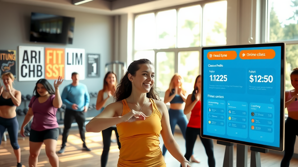 A vibrant fitness studio interior showcasing an energetic group class in progress, with a diverse group of individuals aged 20-40 actively participating and smiling. The instructor, a woman in her early 30s, is demonstrating an exercise at the front, exuding enthusiasm, while participants follow along, showcasing expressions of enjoyment and determination. Soft natural light streams through large windows, creating a bright and inviting atmosphere. The space is organized and clean, with fitness equipment neatly arranged and motivational posters on the walls. A wall-mounted screen displays real-time class schedules and online booking options, highlighting the benefits of automation in managing the fitness club. The overall mood is uplifting and empowering, illustrating the harmony between fitness and technology.