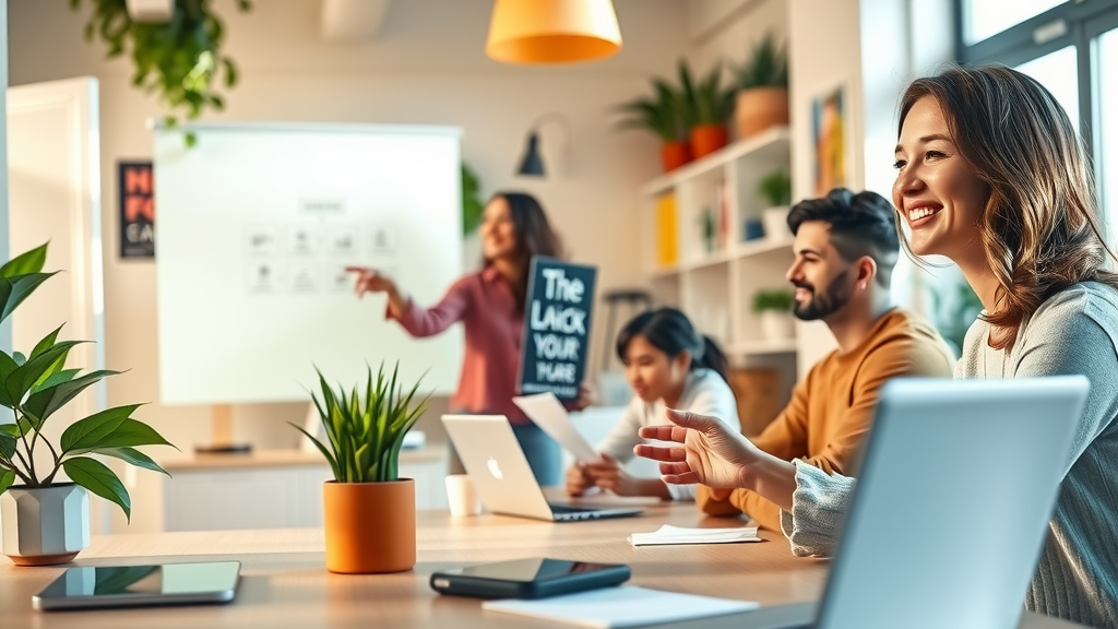 A vibrant and inspiring scene of a diverse group of young entrepreneurs in a modern, sunlit co-working space, actively collaborating on a crowdfunding project using laptops and tablets. One woman in her late 20s is enthusiastically presenting a digital flowchart on a large screen, while two men, one in his 30s and another in his 20s, take notes and smile, emanating a sense of innovation and teamwork. The space is filled with greenery, bright colors, and motivational posters. Soft natural light filters through large windows, creating an uplifting atmosphere. In the foreground, a sleek, organized desk features a potted plant and notes, representing the integration of technology and productivity. The overall mood is energetic and hopeful, embodying the freedom and creativity of modern work life.