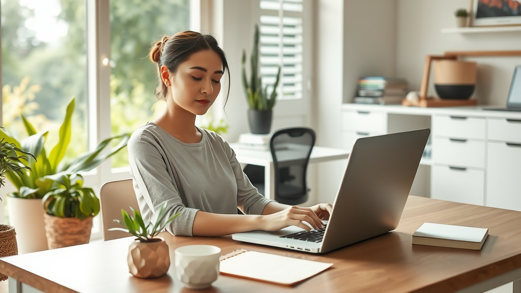 A serene workspace featuring a young woman in her early 30s with a focused yet peaceful expression, sitting at a beautifully organized home office desk, working on a laptop with custom analytics reports displayed on the screen. The room is filled with natural light, coming from a large window that overlooks a lush garden. Delicate plants adorn the desk, and a notepad with notes to the side enhances the atmosphere of productivity. The setting conveys a sense of calmness and empowerment, showcasing the integration of technology into a balanced life. A subtle contrast with a soft-focus area in the background depicts a cluttered workspace, indicating the transformation from chaos to clarity, with the overall mood being positive and inviting.