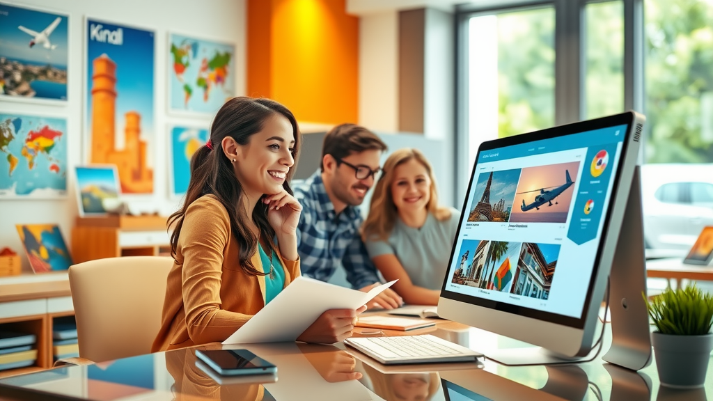 A dynamic and engaging scene in a modern travel agency office, featuring a woman in her early 30s with a bright smile, assisting a family with their travel plans at a well-organized desk. The atmosphere is vibrant and welcoming, with colorful brochures and travel posters on the walls. Soft natural light filters through large windows, illuminating the cheerful interaction. Nearby, a sleek computer displays an intuitive CRM interface, showcasing online booking options, enhancing the theme of technology seamlessly integrated into the travel planning process. The family, a couple in casual attire with two excited children, look pleased as they explore potential vacation destinations together, embodying the joy of travel and successful automation. The composition captures the essence of personal touch blending with advanced technology in the travel industry, celebrating the excitement of planning a family trip.