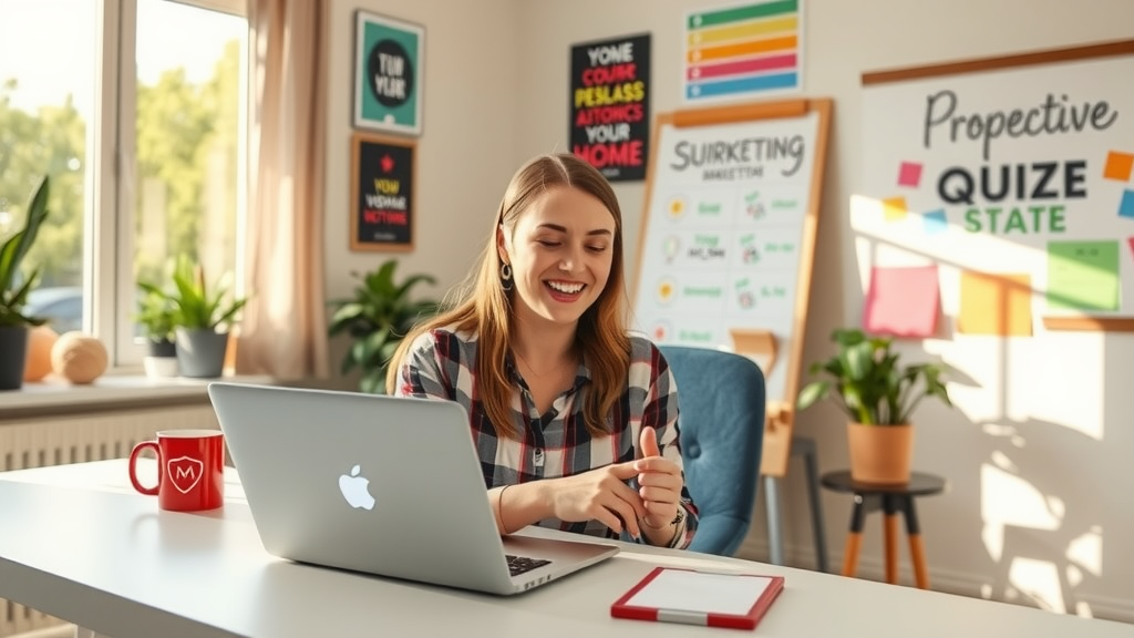 A vibrant and modern workspace featuring a young woman in her late 20s with an enthusiastic smile, sitting at a sleek desk with a laptop open in front of her, actively creating interactive quizzes and surveys. The setting is a well-lit, stylish home office adorned with motivational posters and plants, exuding a sense of creativity and productivity. Natural sunlight streams through a large window, filling the room with warmth and energy. The composition is an eye-level shot, capturing her joyful expression as she engages with the digital content, embodying the theme of marketing automation and innovation. A whiteboard filled with colorful ideas and a coffee mug next to her add a touch of inspiration and personal growth, creating an uplifting and empowering atmosphere.