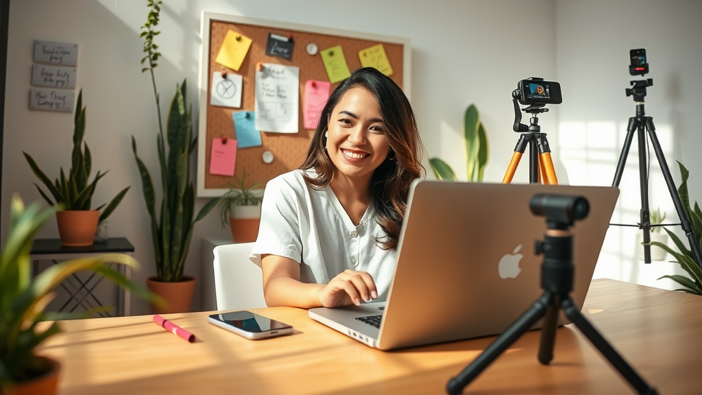 A dynamic, eye-level shot of a young woman in her mid-20s with a joyful expression, sitting at a sleek, minimalist desk surrounded by plants and natural light, engaged in creating content for TikTok and Instagram Reels on her laptop. In the background, a bulletin board displays colorful notes and ideas. She is surrounded by her phone and a camera on a tripod, emphasizing the seamless blend of technology and creativity. Warm, inviting colors evoke a sense of inspiration and productivity. The scene radiates happiness, calmness, and a feeling of empowerment as she easily manages her social media presence, with playful lighting that captures the essence of joy and freedom in content creation.