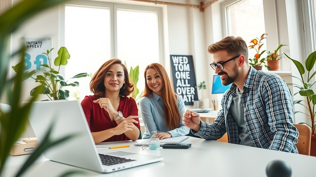 A vibrant, eye-level shot of a diverse group of three professionals in their 30s, engaged in a lively brainstorming session in a modern, sunny office filled with greenery. One woman, wearing smart casual attire, enthusiastically points at a laptop screen displaying an intuitive content management interface, while a man beside her, dressed in a casual shirt, nods in agreement with a smile. The atmosphere is infused with a sense of creativity and collaboration, enhanced by warm natural light streaming through large windows. In the background, a clean and organized workspace features motivational posters and a few tech gadgets, symbolizing the empowering role of automation. The overall mood is uplifting and dynamic, highlighting effective teamwork and innovation in content moderation.