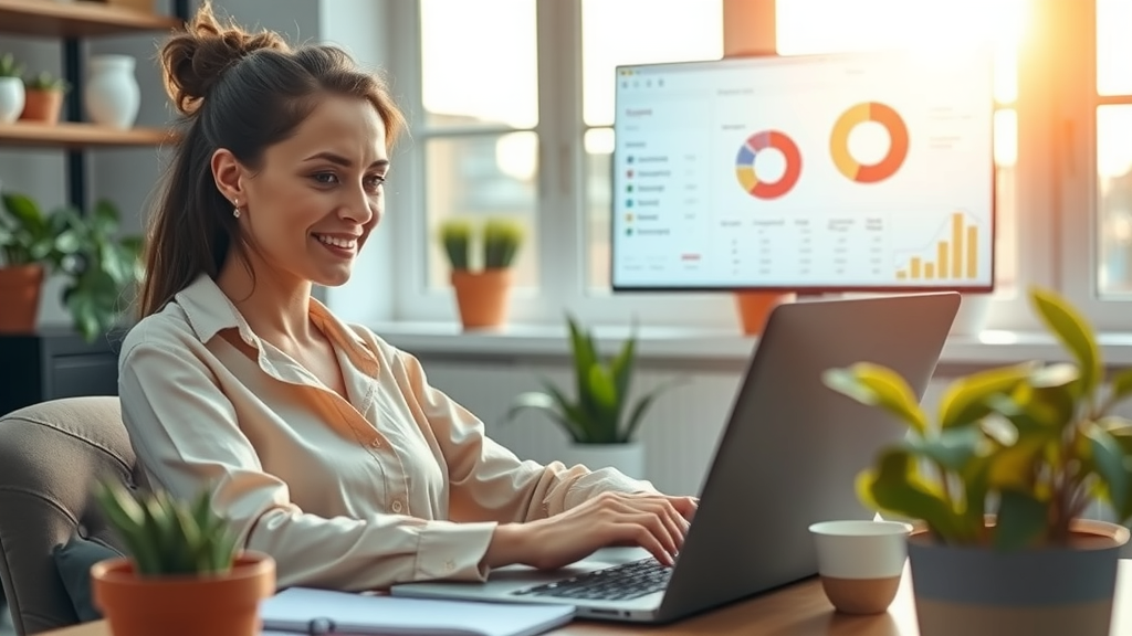 A bright, inviting workspace filled with natural light, showcasing a woman in her early 30s with an expression of focus and satisfaction as she manages subscription services on her laptop. She is casually dressed, radiating a sense of calm while surrounded by plants and notes, indicating her creativity and organization. In the background, a subtle hint of a digital dashboard on a screen displays graphs and statistics associated with subscriber management, payments, and logistics. The scene is enriched with warm tones, creating an atmosphere of empowerment and productivity during the golden hour, emphasizing the seamless integration of technology in achieving work-life balance and personal fulfillment.
