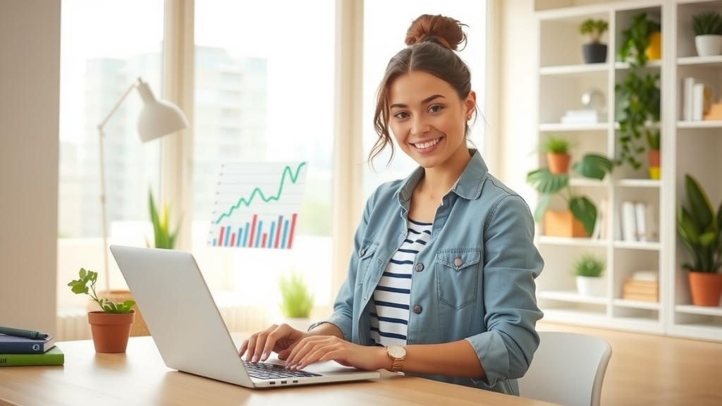 A dynamic mid-shot of a young woman in her late 20s, wearing a stylish yet casual outfit, smiling confidently while working on her laptop at a modern, minimalist home office. The workspace is bright and airy, with green plants adorning the shelves and a large window allowing soft natural light to flood the room. In the background, a visual display of charts and graphs showcases the efficiency of her automated business processes. Her posture is relaxed yet engaged, reflecting a sense of empowerment and balanced life. The overall mood is uplifting and focused, with a color palette of soft pastels and warm tones that exude calmness and inspiration.