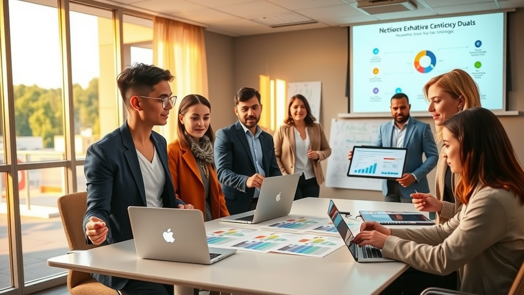 A dynamic and engaging scene of a diverse team of professionals in a modern, well-lit conference room, collaborating on exhibition management strategies. The group, including a woman in her early 30s in a smart blazer and a man in his late 40s with glasses, are gathered around a sleek table covered with laptops and colorful charts. Warm, natural light filters through large windows, creating an inviting atmosphere. Expressions of focus and excitement fill the room as they discuss the benefits of automating registration and logistics processes for exhibitions. A smart projector displays a visually appealing infographic about workflow efficiency. The overall mood is positive, highlighting teamwork and innovation, with subtle tech elements like tablets and a digital whiteboard enhancing the theme of simplicity in management.
