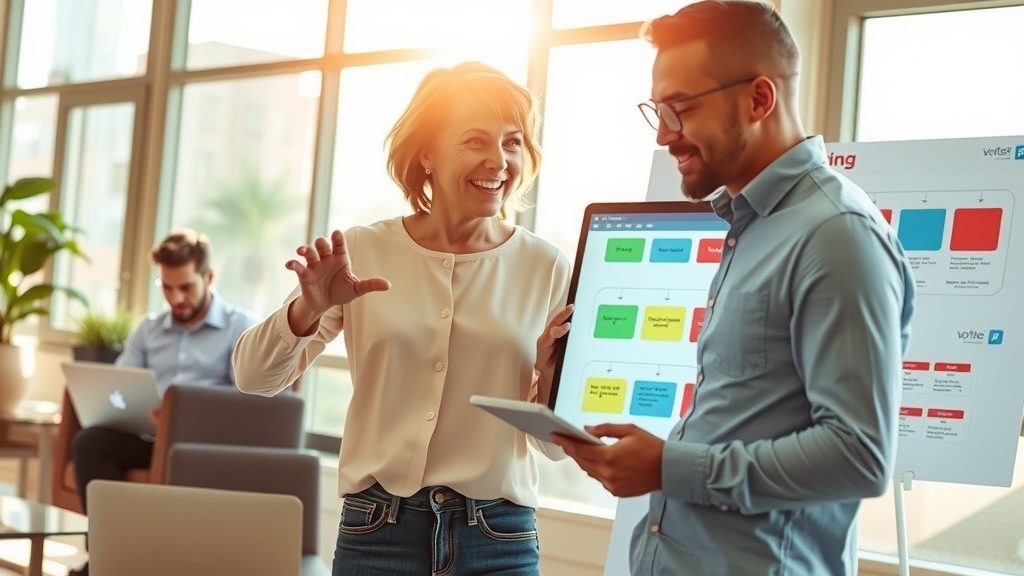 A dynamic composition showcasing a diverse group of people, including a middle-aged woman and a young man in their 20s, collaboratively working on a project in a modern, well-lit office environment. The woman is gesturing enthusiastically while pointing at a large digital screen displaying a visually engaging flowchart related to an online voting system, illustrating ease and accessibility. The young man is taking notes on a tablet, visibly engaged and focused. Sunlight streams through large windows, casting a warm glow across the room, enhancing a sense of cooperation and innovation. The overall color palette features soft blues and greens, evoking a calm yet inspiring atmosphere. In the background, visually represent elements of technology, such as laptops, charts, and digital devices, symbolizing empowerment and advancement in secure voting processes. The scene illustrates teamwork, personal growth, and positive transformation within the context of creating a legitimate and safe online voting system.