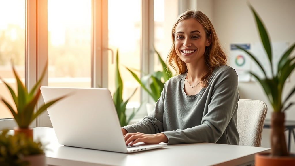 A modern and inviting scene of a woman in her early 30s, wearing casual but professional attire, engaged in a joyful video call at a sleek, minimalist desk with a laptop open, surrounded by houseplants and bright natural light streaming through large windows. She has a relaxed, genuine smile on her face, reflecting a sense of accomplishment and ease in managing her rental property business. In the background, subtle hints of a digital calendar and an automation dashboard are visible, showcasing a harmonious blend of technology and personal life. The mood is uplifting and peaceful, with soft, warm colors dominating the composition, encouraging a feeling of balance and empowerment in work and life. A close-up on her expression conveys the joy of simplifying processes and having more time for family and personal pursuits.