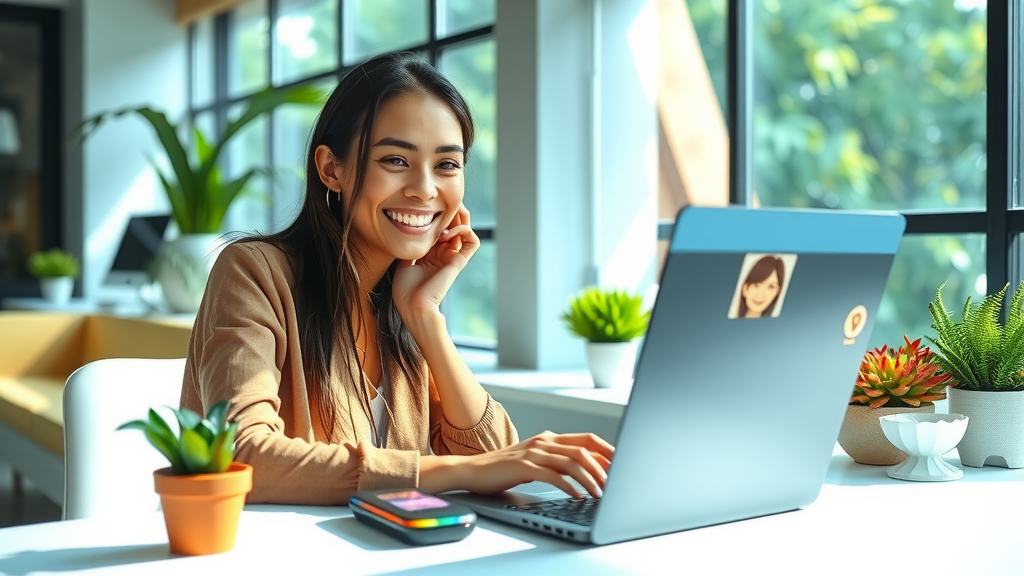 A vibrant and engaging scene depicting a young woman in her late 20s, with a bright smile, interacting with an AI avatar on a sleek laptop in a modern workspace. The setting is filled with natural light streaming through large windows, illuminating a clean and minimalist desk adorned with potted plants and tech gadgets. The woman is wearing comfortable, stylish attire and appears excited and curious as she explores AI technology, with the avatar displayed on the screen showcasing a friendly and lively expression. The atmosphere is filled with a sense of innovation and empowerment, with a color palette of soft blues and greens creating a fresh and inspiring mood, suggesting a world of possibilities in technology and communication.