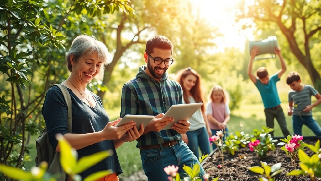 A vibrant outdoor scene depicting a diverse group of people, including a middle-aged woman and a young man in their twenties, collaborating on an environmental project. They are joyfully engaged in monitoring local wildlife and collecting data on tablets in a lush green park with a variety of trees and plants around them, showcasing the integration of technology in nature. The sunlight filters through the leaves, creating a warm and inviting atmosphere. In the background, a small group of children eagerly take part in a community garden project, planting flowers together. The overall mood is one of collaboration, sustainability, and genuine happiness, emphasizing the positive impact of automation on ecological initiatives. The composition captures a sense of togetherness, with smiling faces and enthusiastic gestures, highlighting the importance of public engagement for sustainable development. Bright, earthy colors enhance the uplifting ambiance of the scene.